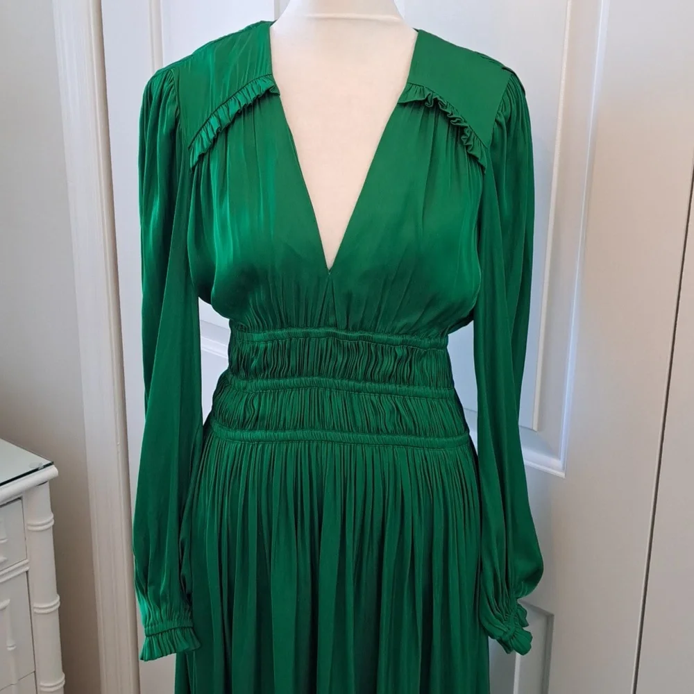 Maje Womens Rianette Smocked Silky Green Party/Wedding‎ Guest Midi Dress 38/6-8
